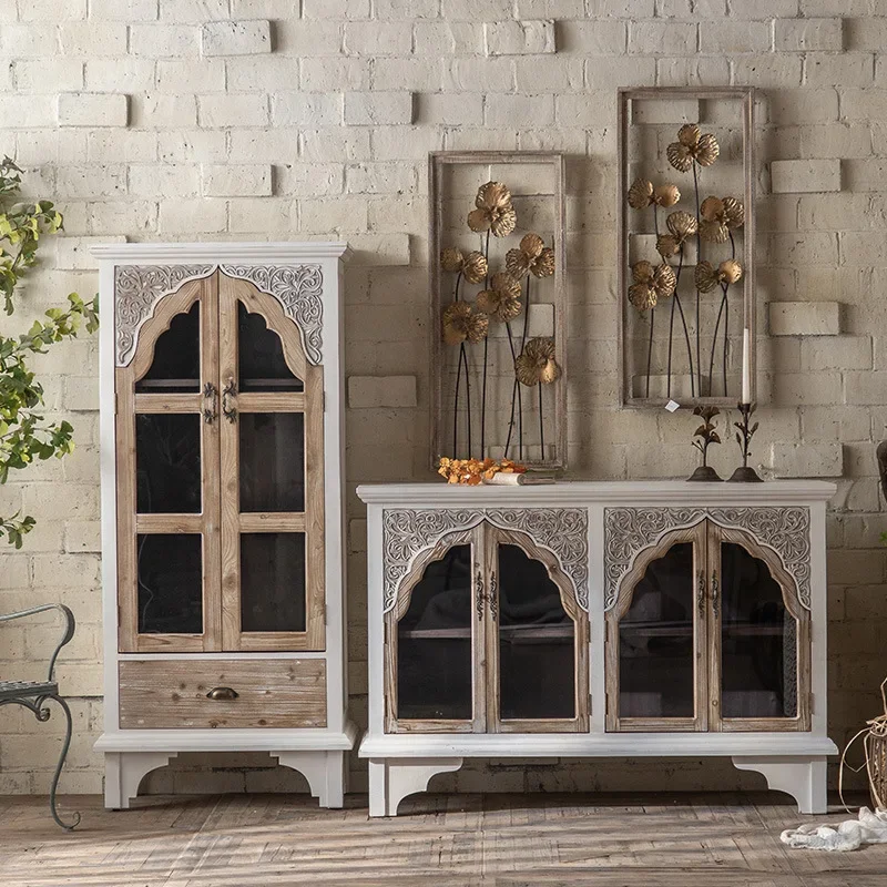 American style retro dining cabinet, entering the living room, porch cabinet, antique carved glass door, medieval style wine cab