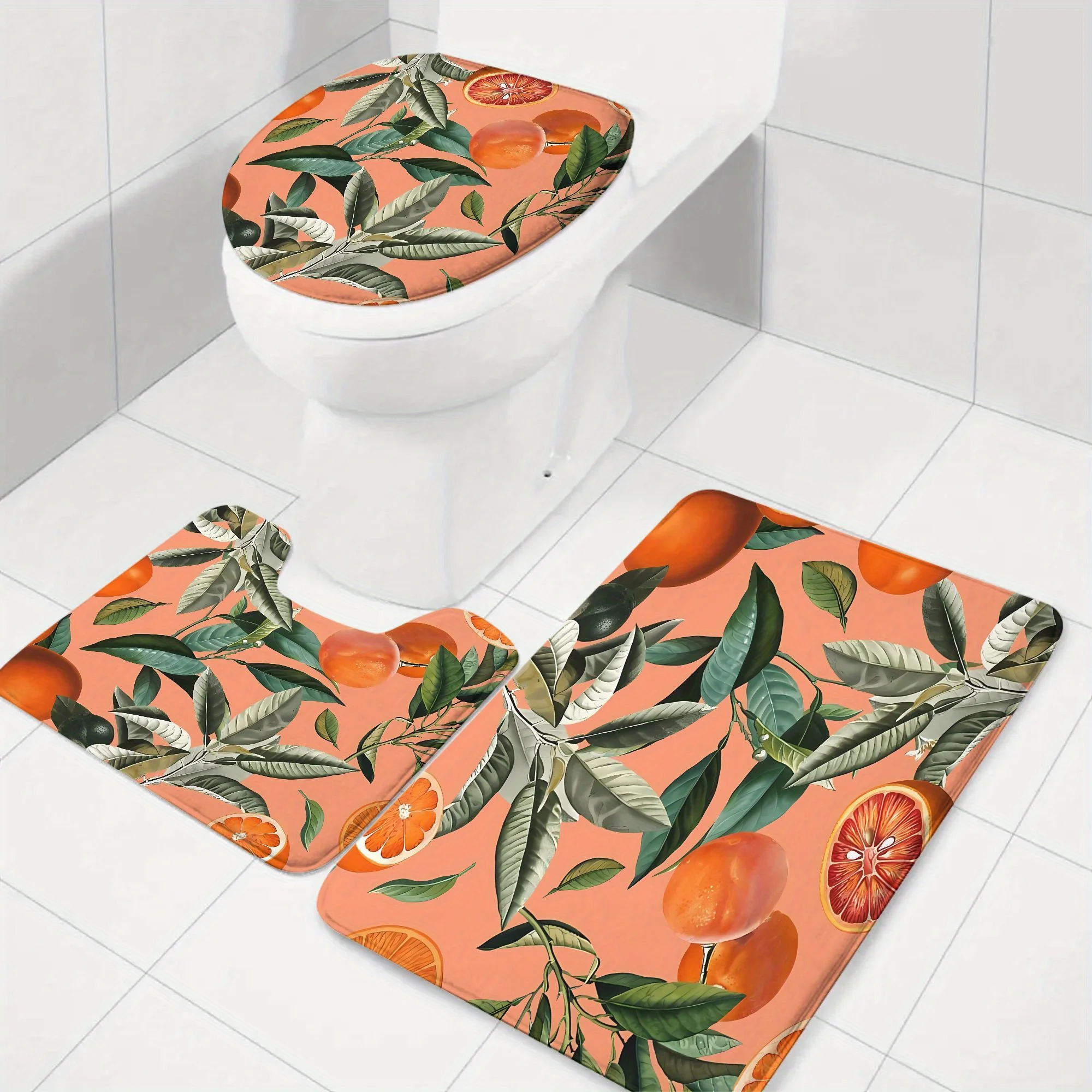 

Orange Fruit Pattern Bath Set Three Piece Mat Toilet Lid Cover and U Shaped Rug Soft Flannel Non Slip for Bathroom Decor