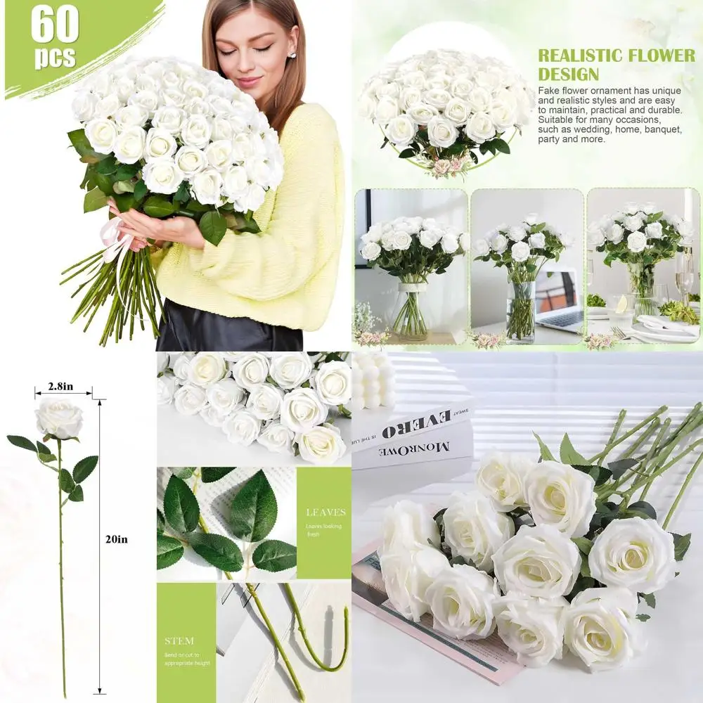 

120 упаковок бархатных белых шелковых роз премиум-класса для свадеб, центральных элементов, букетов и домашнего декора.