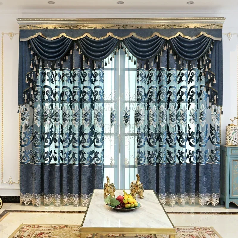 

European Chenille Luxury Embroidered Blue Curtains for Living Dining Room Bedroom Balcony Water-soluble Large Hollow Custom