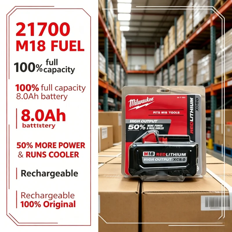 

100% M18 18V Milwaukee XC8.0Ah Rechargeable Battery, Replacement Pack for M18B8 M18-B5 M18-B6 M18-HB8 M18-HB12 Tools
