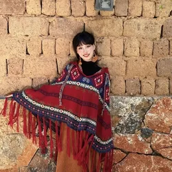 2023 Autumn/Winter Travel Poncho Tops Women Boho Cloak Vintage Wine Red Christmas Tassel Hooded Cape Shawl Sweater Coat Ladies