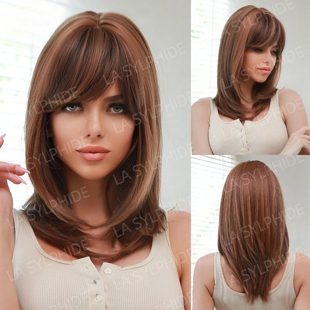 

Brown Highlights Medium Long Straight Hair Eight Characters Bangs Hair European and American Wig Women Chemical Fiber Headgear W