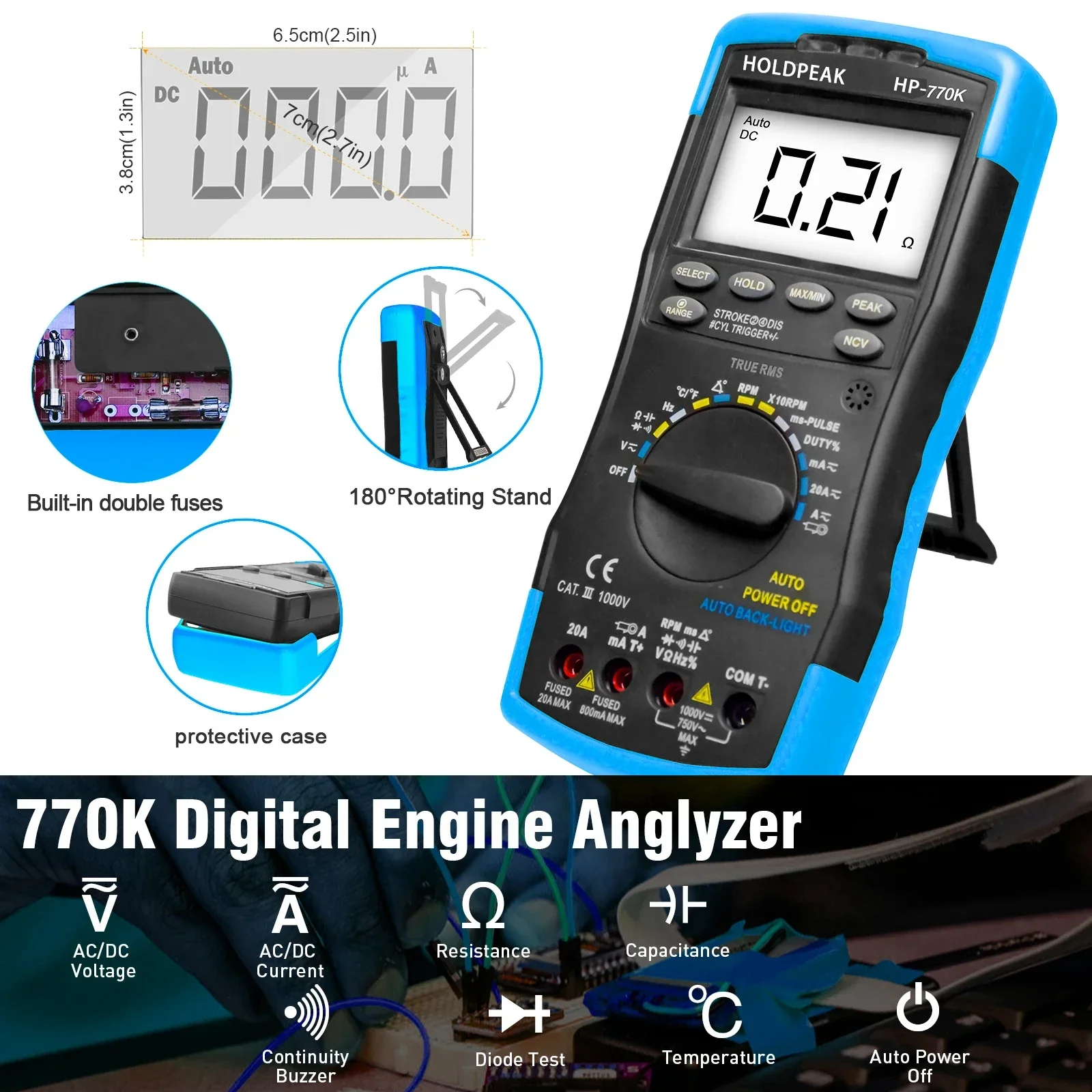 HoldPeak HP-770K Digital Automotive Multimeter car Engine Analyzer Hanhold Tester Diode/HFE/NCV/Continuity Buzzer Measuring Tool