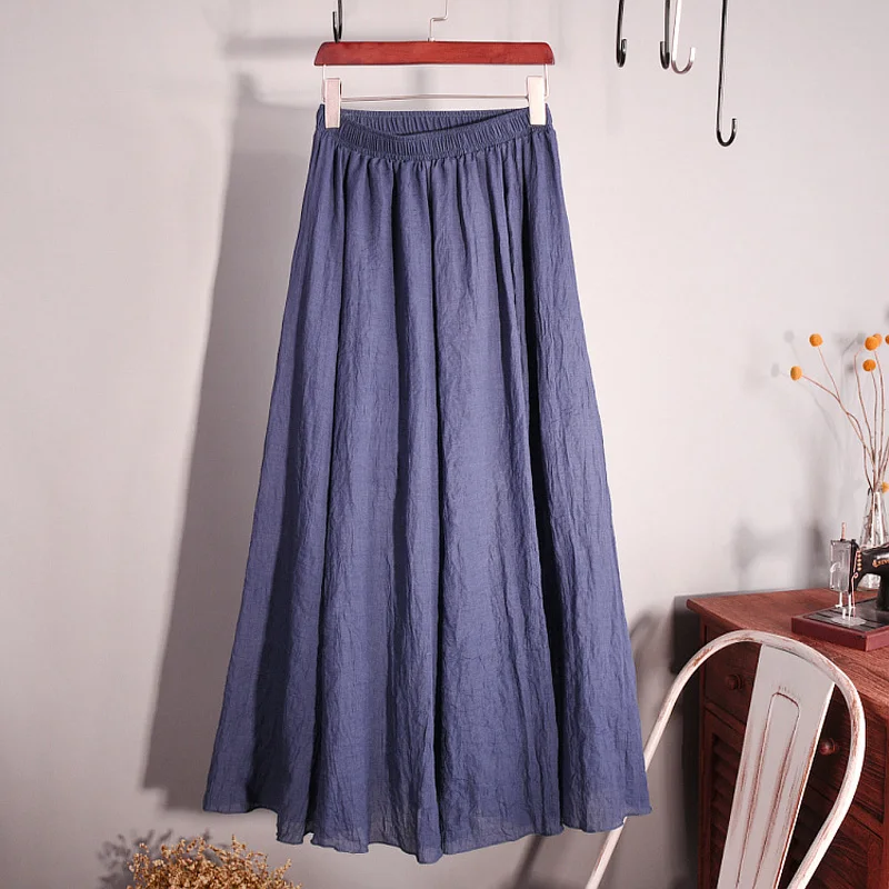 Summer Thin Fashion Cotton Linen Skirt Women Literary Retro Loose Large Swing Skirts Vintage Vacation Elastic Waist Wrap Skirt