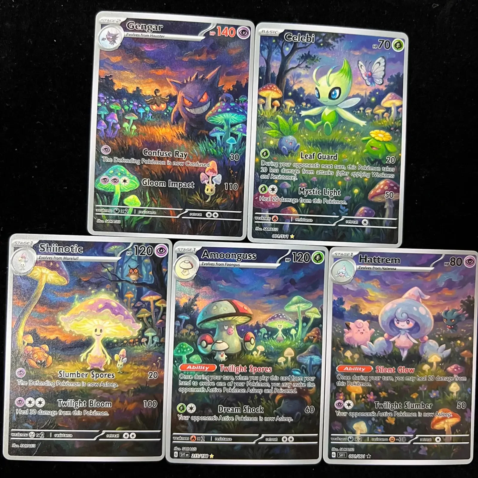 5Pcs PKM Cards PTCG Oil Painting Style Gengar Celebi Shiinotic Amoonguss Hattrem Full Art Display Collectible Cards PTCG Gift
