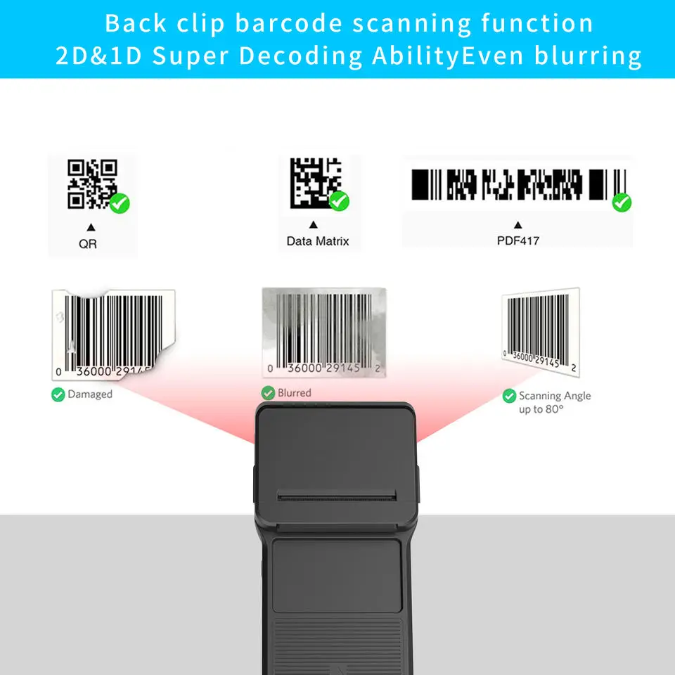 Cellphone Backclip Thermal Printer & 2D Scanner Bluetooth 58mm Printer 7.4V 3000mAh Battery Mobile Wireless Scanner