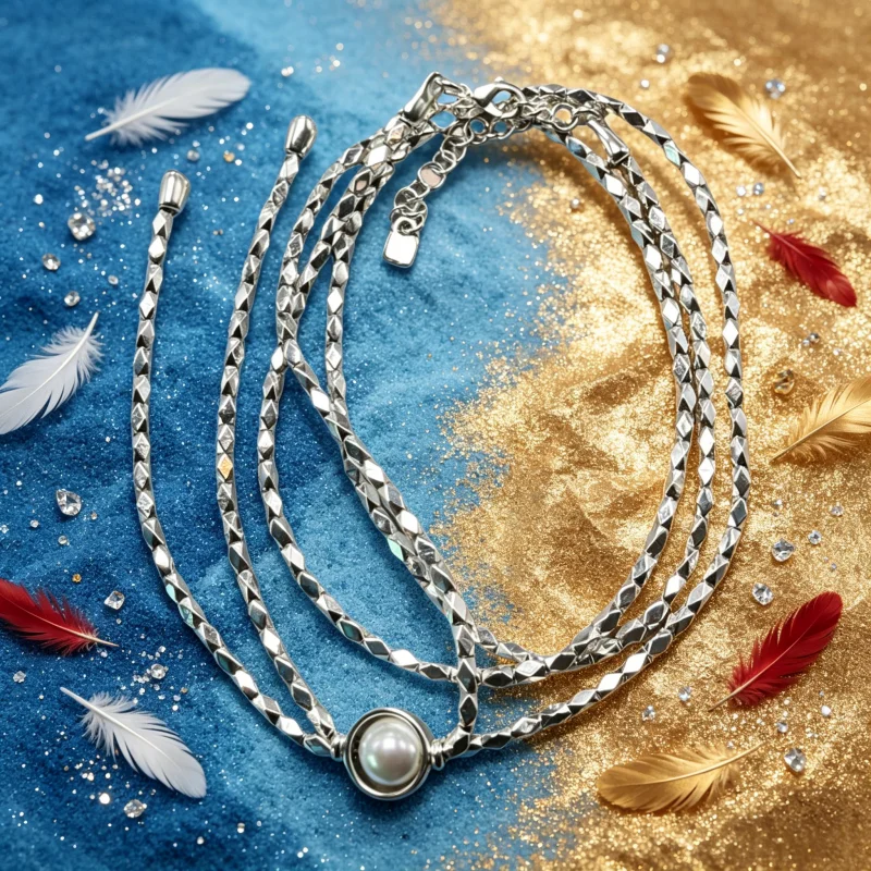 

Silver Multi-Layer Faceted Chain Necklace with Central Pearl Pendant