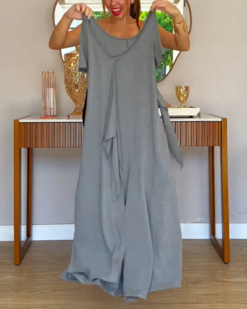 جمبسوت نسائي صيفي 2025 ملابس يومية جديدة بلون سادة موضة نسائية برقبة على شكل حرف v وأكمام قصيرة وتفاصيل مربوطة جمبسوت بأرجل واسعة