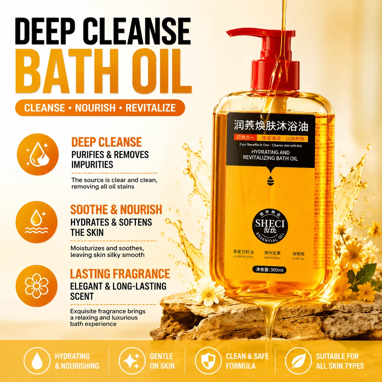 Luxurious Moisturizing and Rejuvenating Bath Oil Nourishes and Soothes the Skin with Oil, Cleansing and Purifying Bath Gel