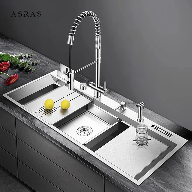 ASRAS  Large Size Single Cup Rinser Kitchen Sink 4mm Thickness 220mm Depth With Drain Plate Knife Holder Kitchen Sinks