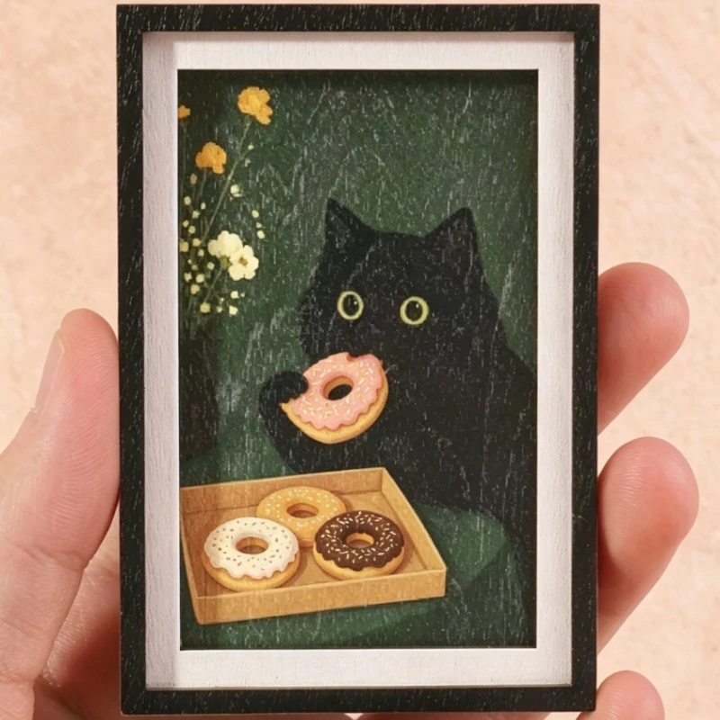 Niedlicher schwarzer Katzen-Donut-Mini-Kühlschrankmagnet, Vintage-Holzrahmen-Kunstdekoration für Küchenkühlschrank, Heim- und Büro-Ornament-Geschenk – Detail 3