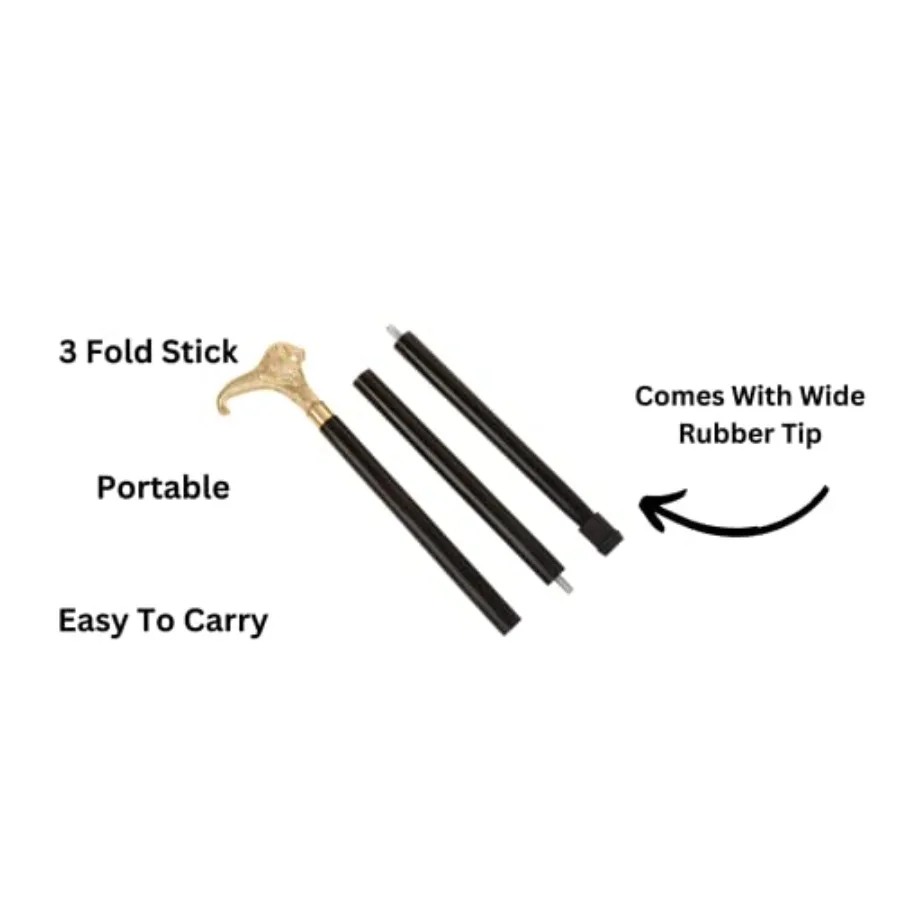 عصا مشي خشبية سوداء بمقبض أسد من النحاس مصنوعة يدويًا مثالية للاستخدام الداخلي والخارجي بتصميم أنيق مع ثلاثة أضعاف