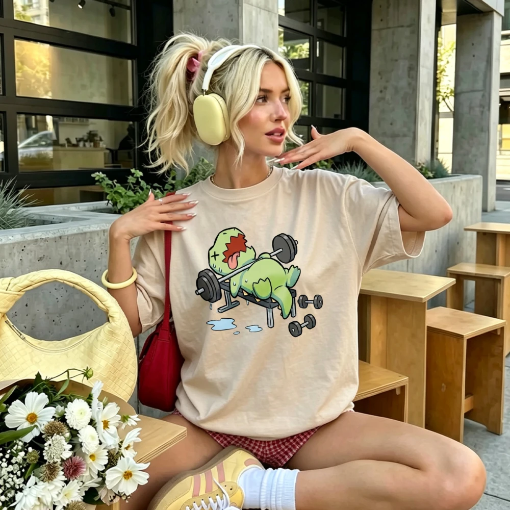 Women Funny Buff Workout Green Dinosaur Lifting Barbell Cartoon Graphic T Shirt Gym Fitness Humor Casual Sport Lover Tee Tops