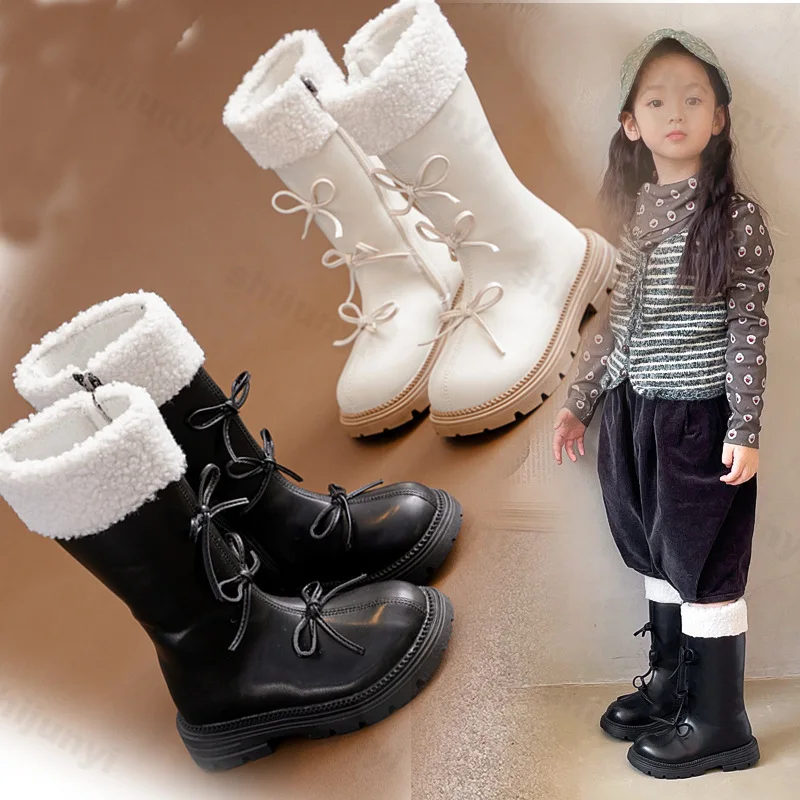 

Зимние детские зимние сапоги, теплые нескользящие сапоги с бантом, новинка 2023 года, плюшевые хлопковые сапоги на мягкой подошве для девочек, удобная обувь, детские длинные сапоги