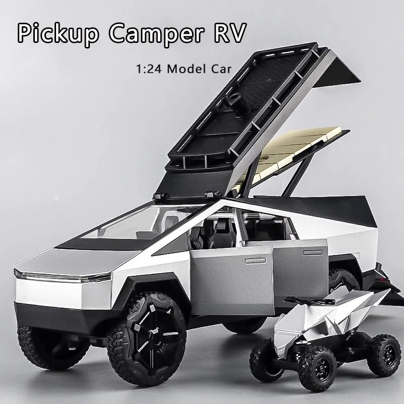 1:24 Cyber Pickup Legering Automodel Simulatie Geluid en licht Trek speelgoedauto Metalen terreinwagen Jongenscollectie Ornamenten