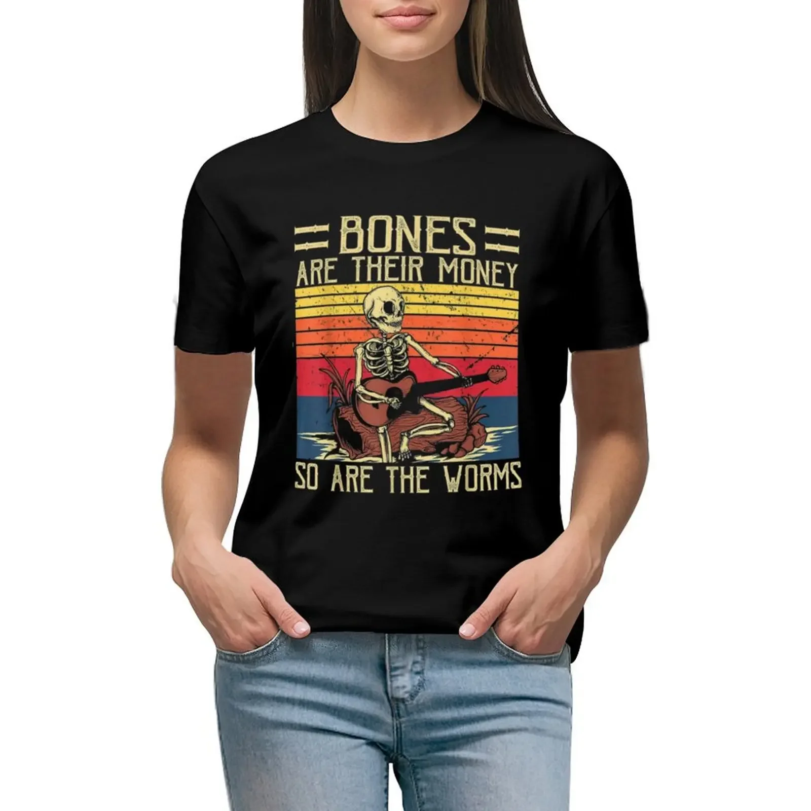 

Bones Are Their Money Skeleton Playing Guitar Retro Vintage T-Shirt heavyweights animal print lady clothes Woman clothes