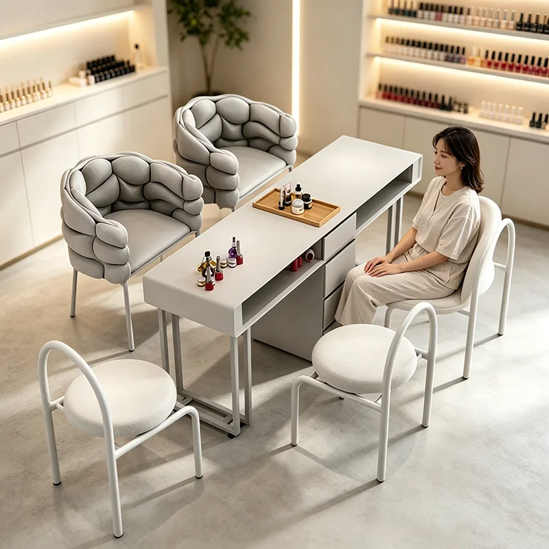 White Design Nail Table With Vent Drawers Marble Top French Nail Desk Glamour Premium Table Onglerie Nail Salon Furniture