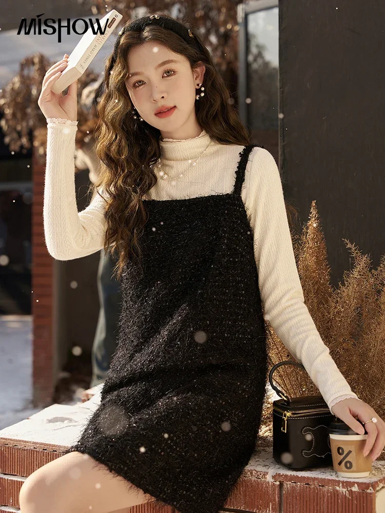 MISHOW Black Slip Woolen Dress Women Autumn Winter Fashion Tweed Loose Spaghetti Strap Knee-length Vest Dresses Woman MXC58L1622