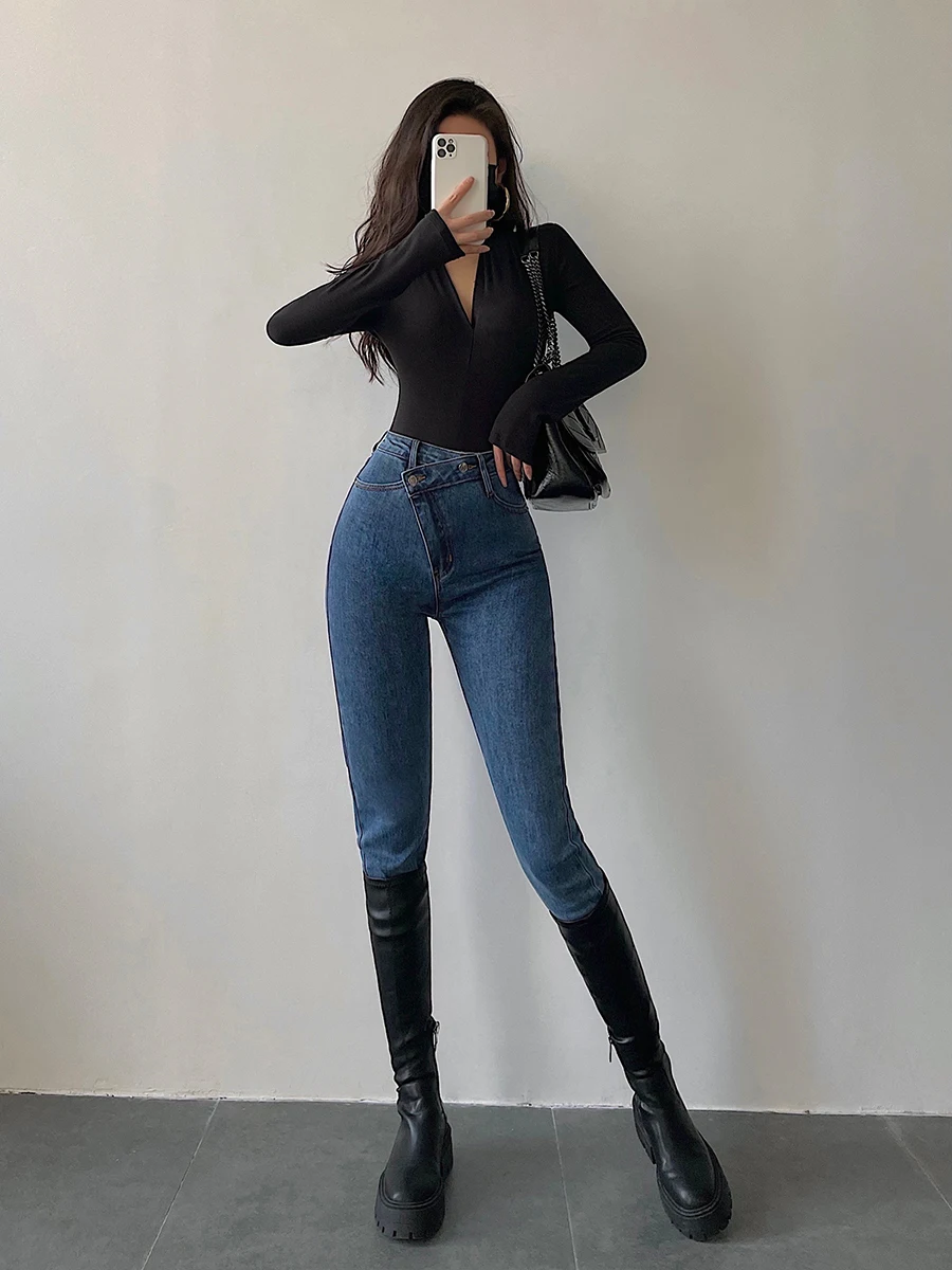 High Waist Asymmetrical Elastic Slimming Pencil Jeans Long Pants Women's Spring Fashion Casual Stylish Denim Trousers