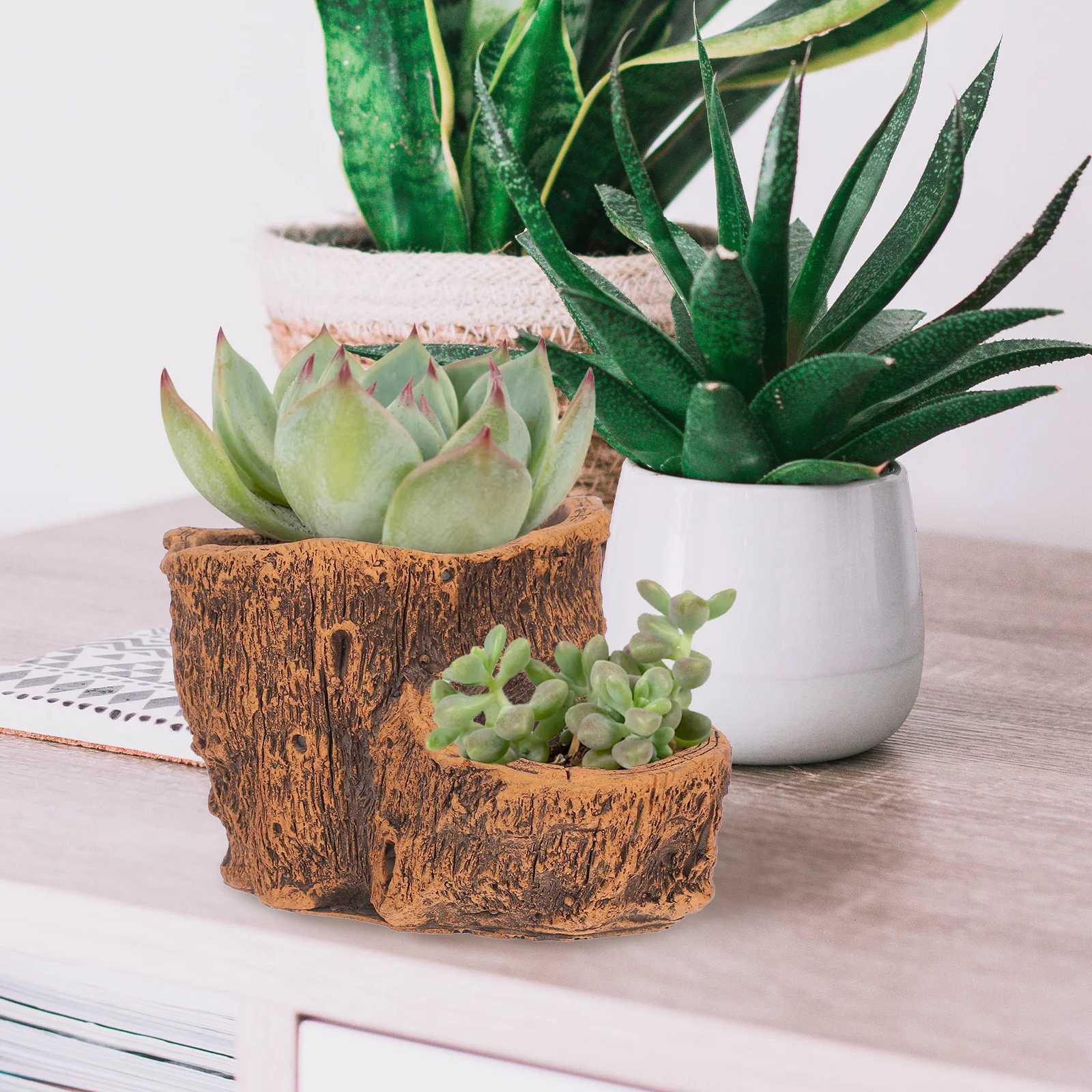

Artificial Driftwood Vintage Concrete Flower Pot Rustic Stump Cactus Container for Small Succulent Plants Desk Garden Decor