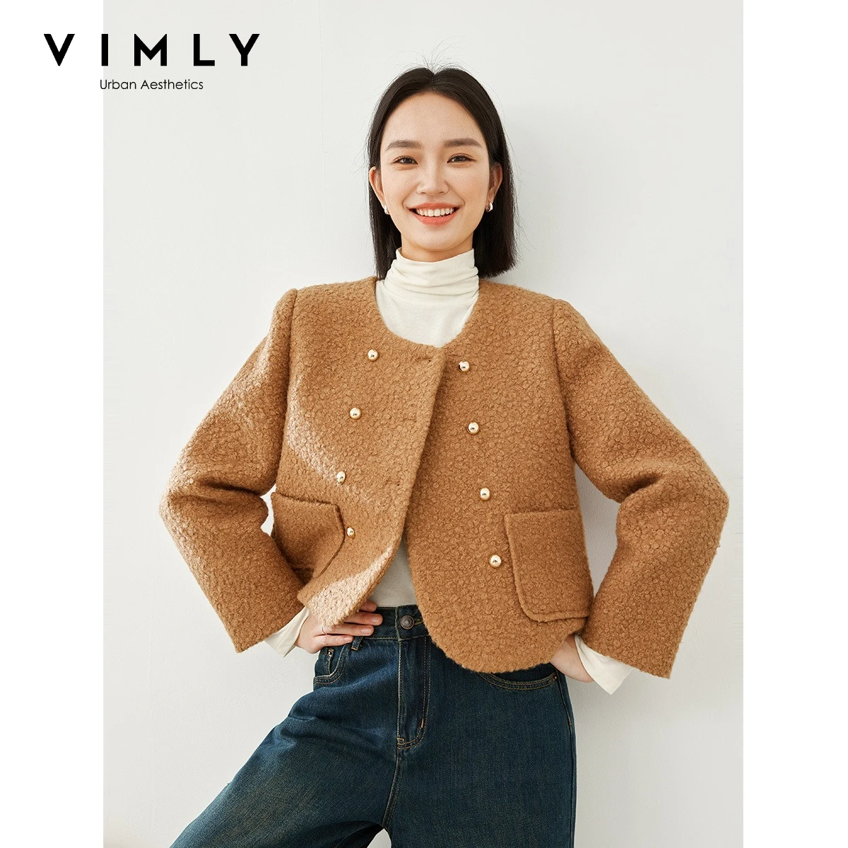 Vimly Women's Tweed Jacket 2025 Winter French Brown Double-Breasted O-Neck Straight Coat Elegant Warmth Outwear for Lady A0038