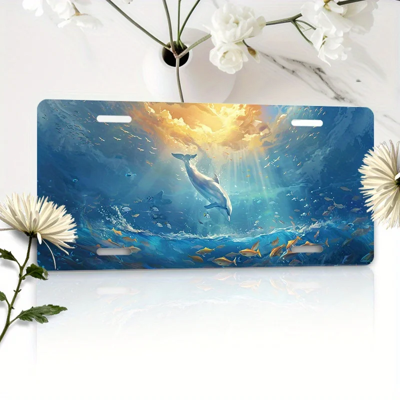 2D Flat, 1pc 2D FLAT Car License Plate - 6x12 Inches (15.2x30.5cm), Sunlight Dolphin and Fish Swimming Design, Ocean Scene with