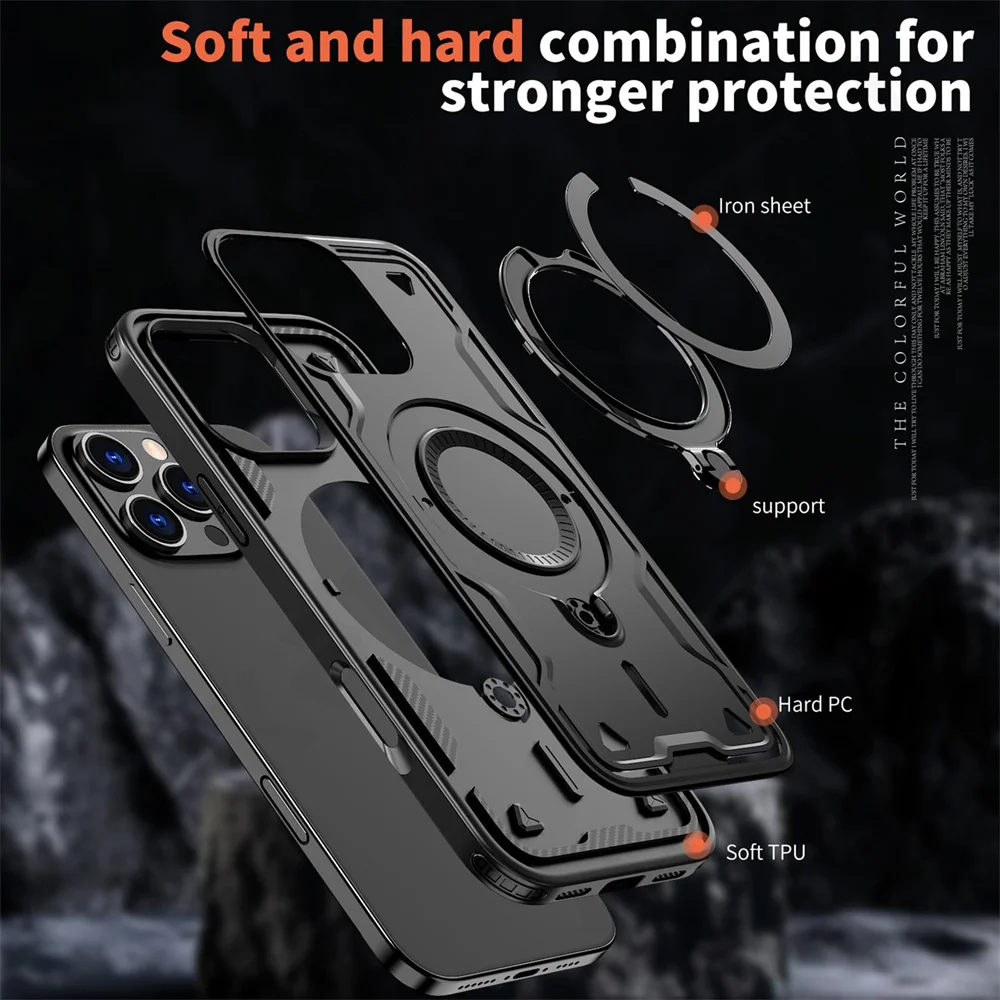 Case For iPhone 16 15 14 13 12 11 Pro Max Rotatable Magnetic Military Grade Shockproof Rugged Kickstand Ring Holder Cover