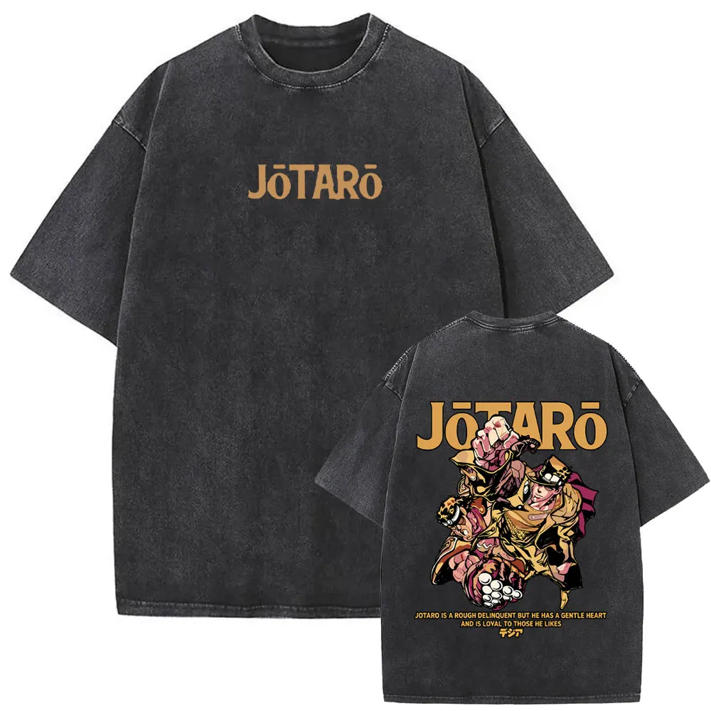Japanese Anime Jojo Bizarre Adventure Vintage Washed T-shirt Manga Jotaro Kujo T Shirt Men Women Cotton Retro Oversized T-shirts