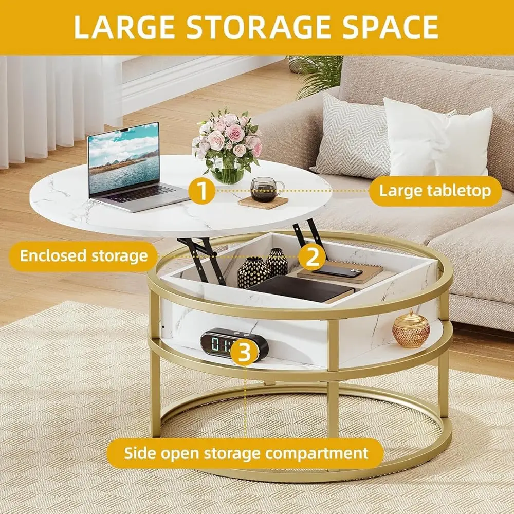 Coffee Tables For Living Room, Round Lift Top Coffee Table With Storage And Hidden Compartment, Rustic Small Circle Coffee