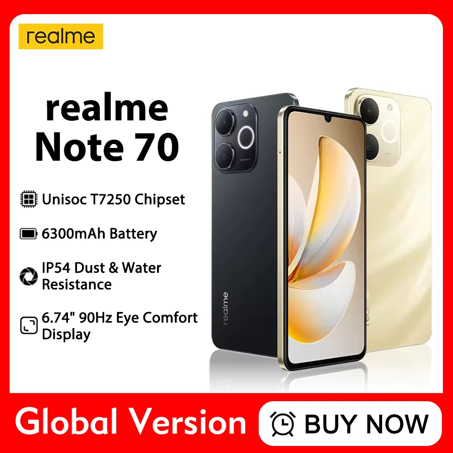 الإصدار العالمي للهاتف الذكي Realme Note 70 بطارية 6300 مللي أمبير في الساعة شحن 15 وات شاشة 6.74 بوصة 90 هرتز كاميرا 13 ميجابكسل UNISOC T7250 شرائح IP54