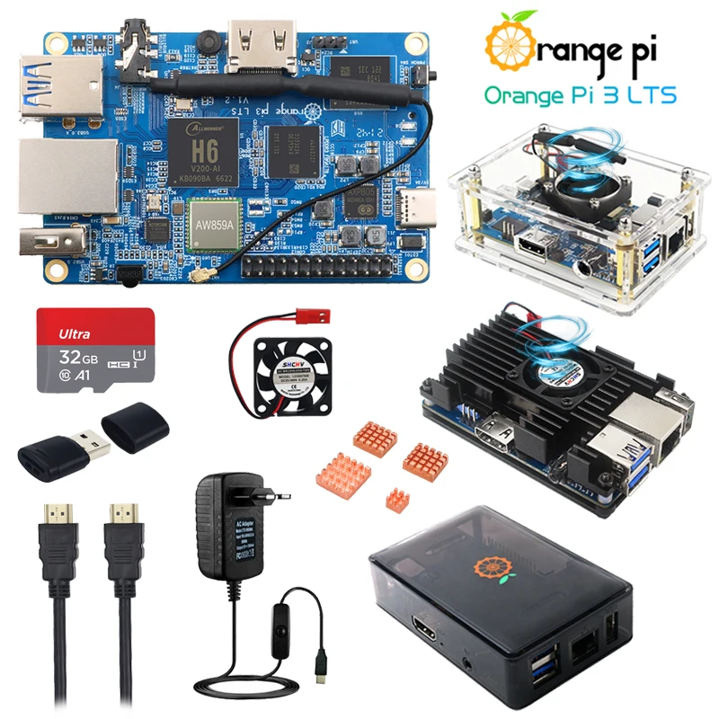 Orange Pi 3 LTS H6 64Bit 8GB EMMC 2G RAM WiFi BT 5.0 Optional Case Power Heatsink Fan HDMI-compatible Cable TF Card OPI 3LTS