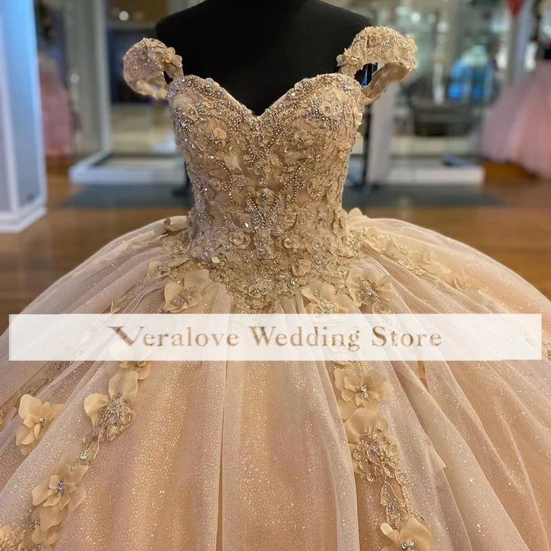 Vestido de quinceañera champán para niña, vestido de baile sin hombros, Apliques de encaje, flores, 15 años, fiesta de graduación