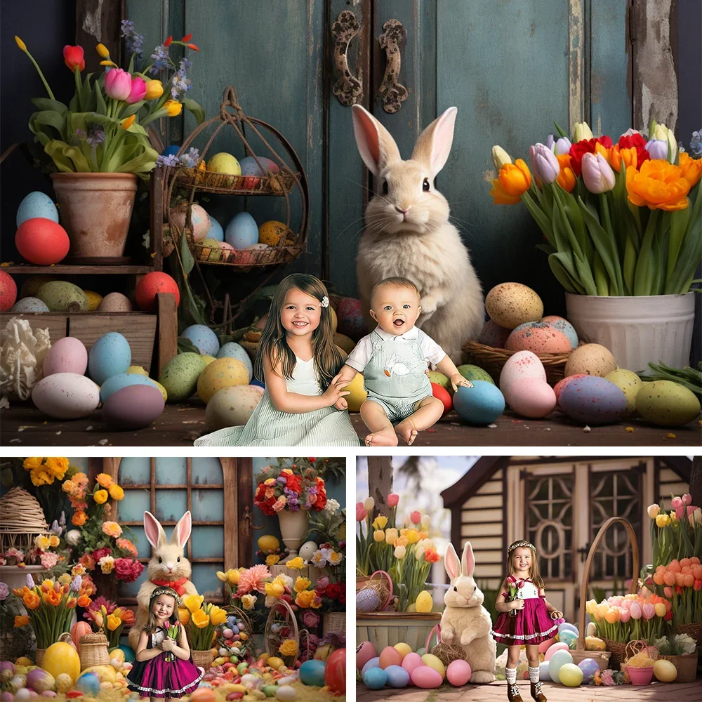 Easter Photography Backdrop Easter Egg Bunny Colorful Tulips Warm Decoration Kid's Birthday Portrait Background Photo Studio