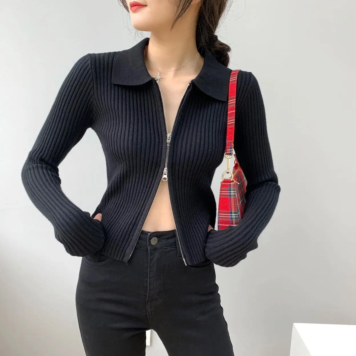 2024 Women Spring Sweater Knit Drouble Zip Design Sexy Slim Cardigans Turn Down Collar Sweater Casual Korean Fashion Tops