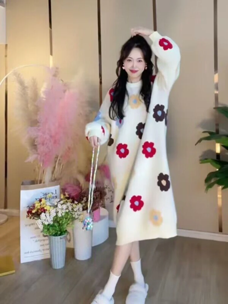 

Sweet Contrast Floral Knitted Midi Dress Slouchy Style Long Sleeves Sweaters Korean Fashion O Neck All Match Pullove