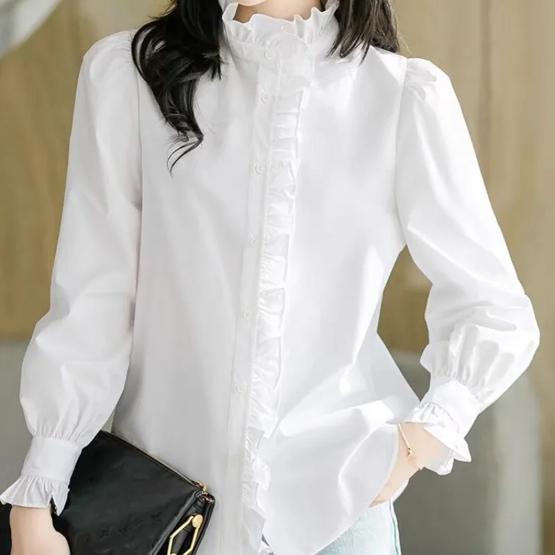 2024 New Spring and Autumn Stand Collar Patched Button Long Sleeve Ruffle Edge Fashion Elegant Casual Solid Color Ear Edge Shirt