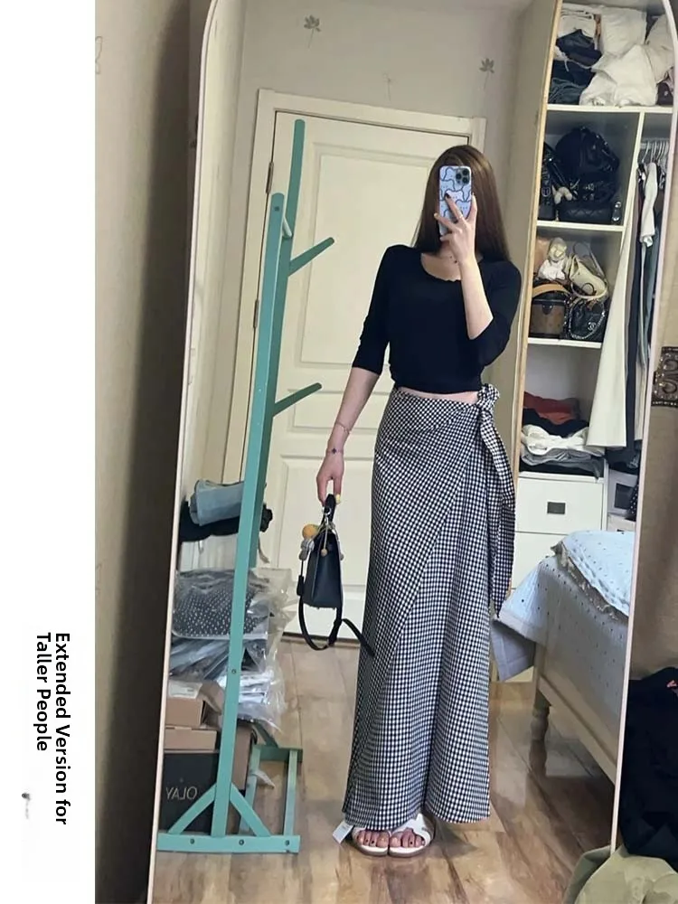 

75cm Extended Version Tall Women's Vintage Plaid A-Line Skirt Summer New Sle Elegance id Belted f Skirt Korean Sle