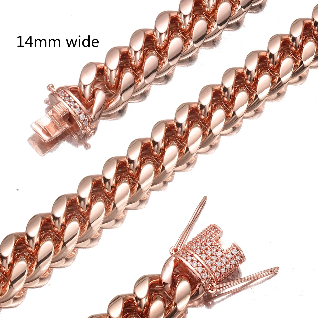 Granny Chic Curb Cuban Link Chain Necklace for Men Women, Rose Gold Tone Stainless Steel Jewelry with Bling CZ Clasp, 10mm/14mm