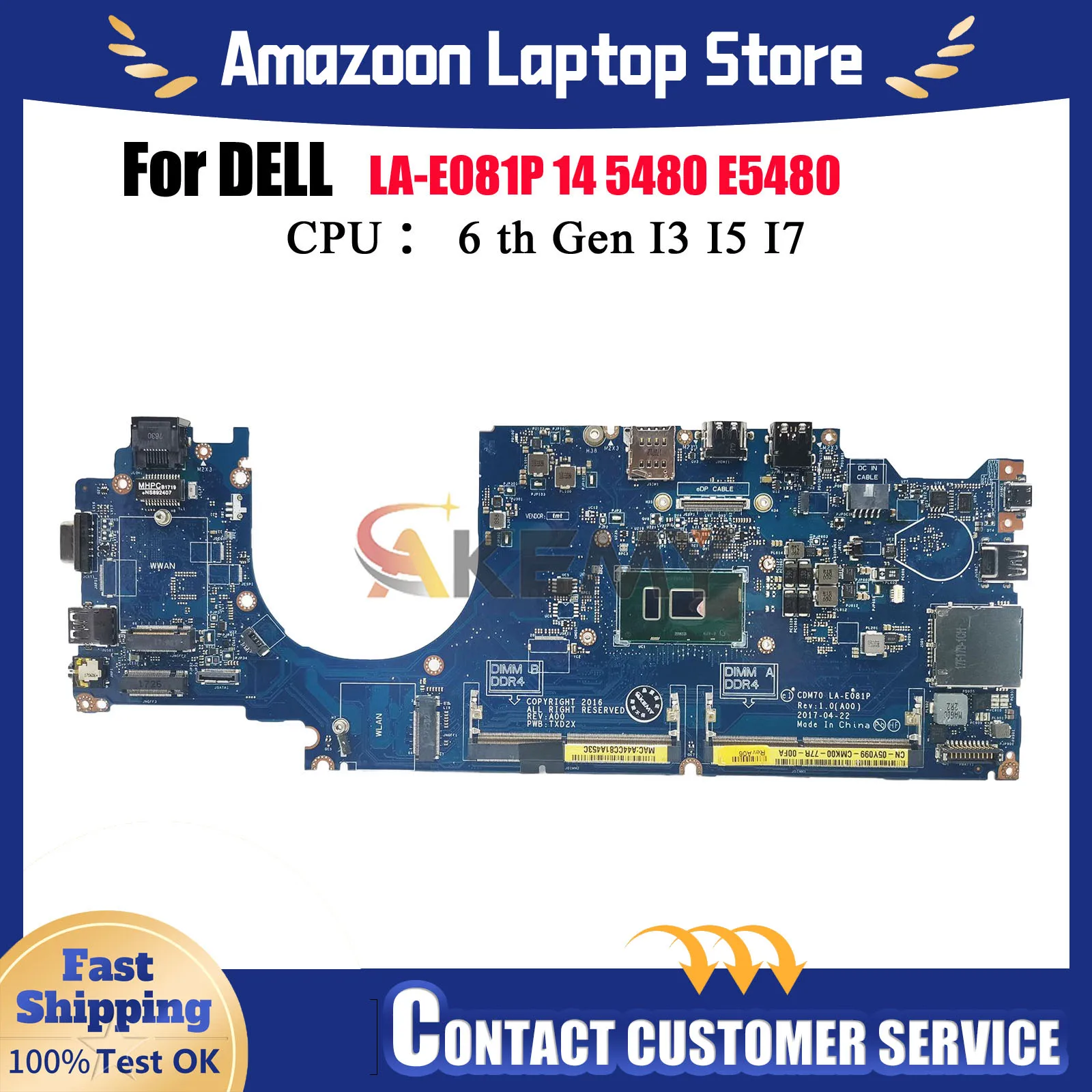 Scheda madre del computer portatile LA-E081P per Dell Latitude 5480 E5480, con CPU Intel I3 I5 I7 04X333 0MFNP8 Prova di 100% OK