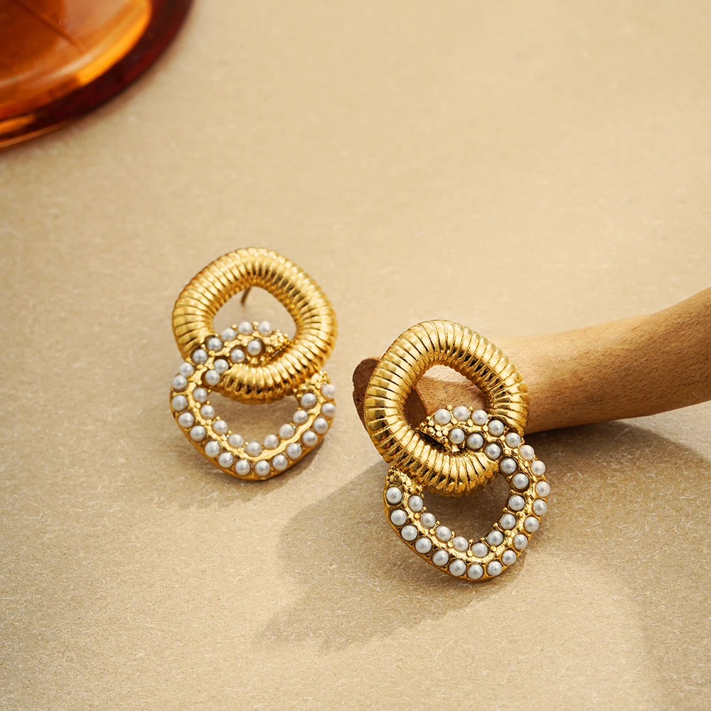 Mode Geometrische Doppel Platz Chunky Stud Ohrringe Wome Edelstahl Goldene Faden Perle Aussage Ohrring Partei Schmuck