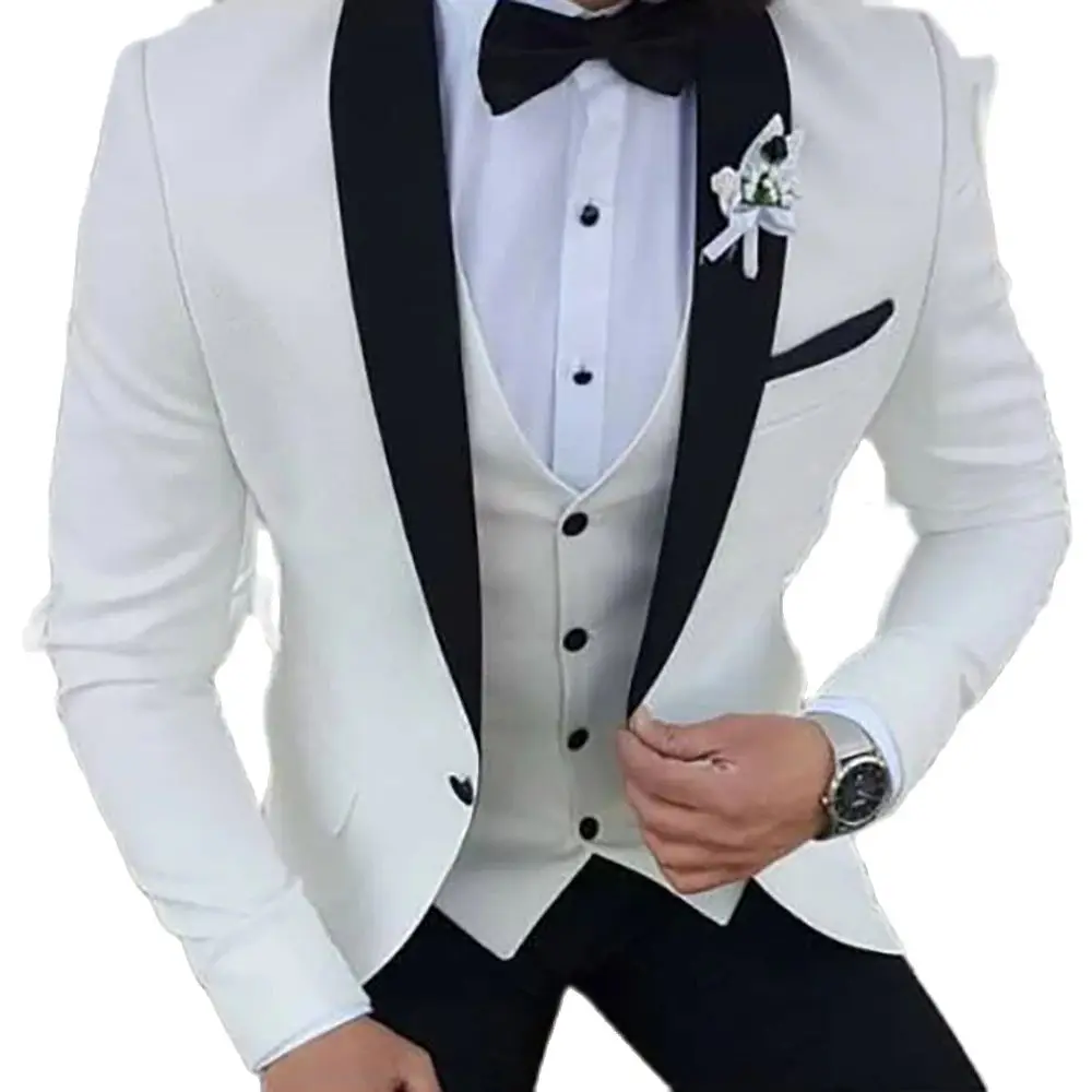 Latest Coat Pant Designs White Men Suit Black Shawl Lapel Formal Tuxedos Wedding Suit For Men Prom Party Dress With Pants 2024