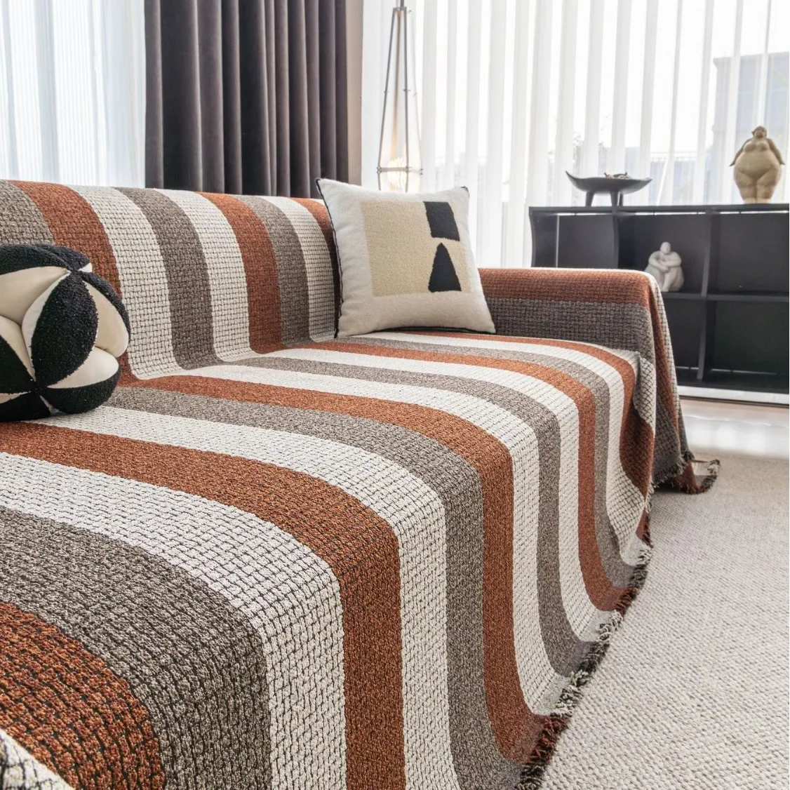 Chenille Sofa Towel Geometric Jacquard Tassel Edge Double-sided All Season Dust Cover Cloth Multi-purpose Sofa Cover Throw