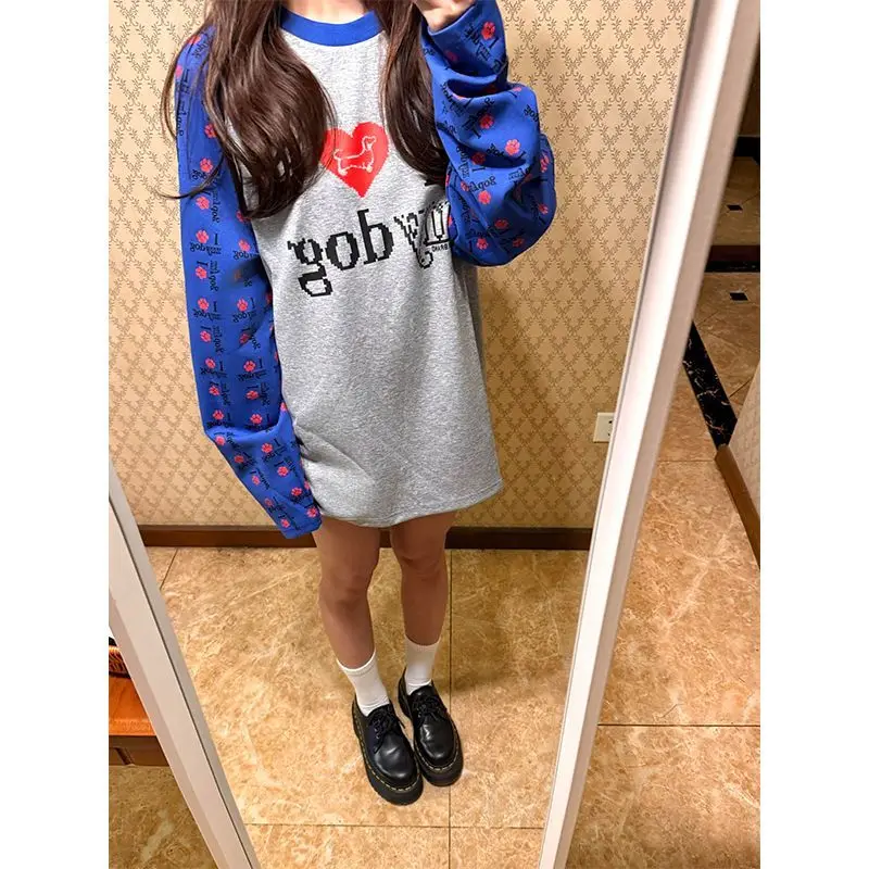ヴィンテージ犬柄Tシャツ2025 - アメリカンレトロラグラン袖カラーブロックトップ、ユニセックス秋ルーズフィット長袖Tシャツ、Y2Kカジュアル