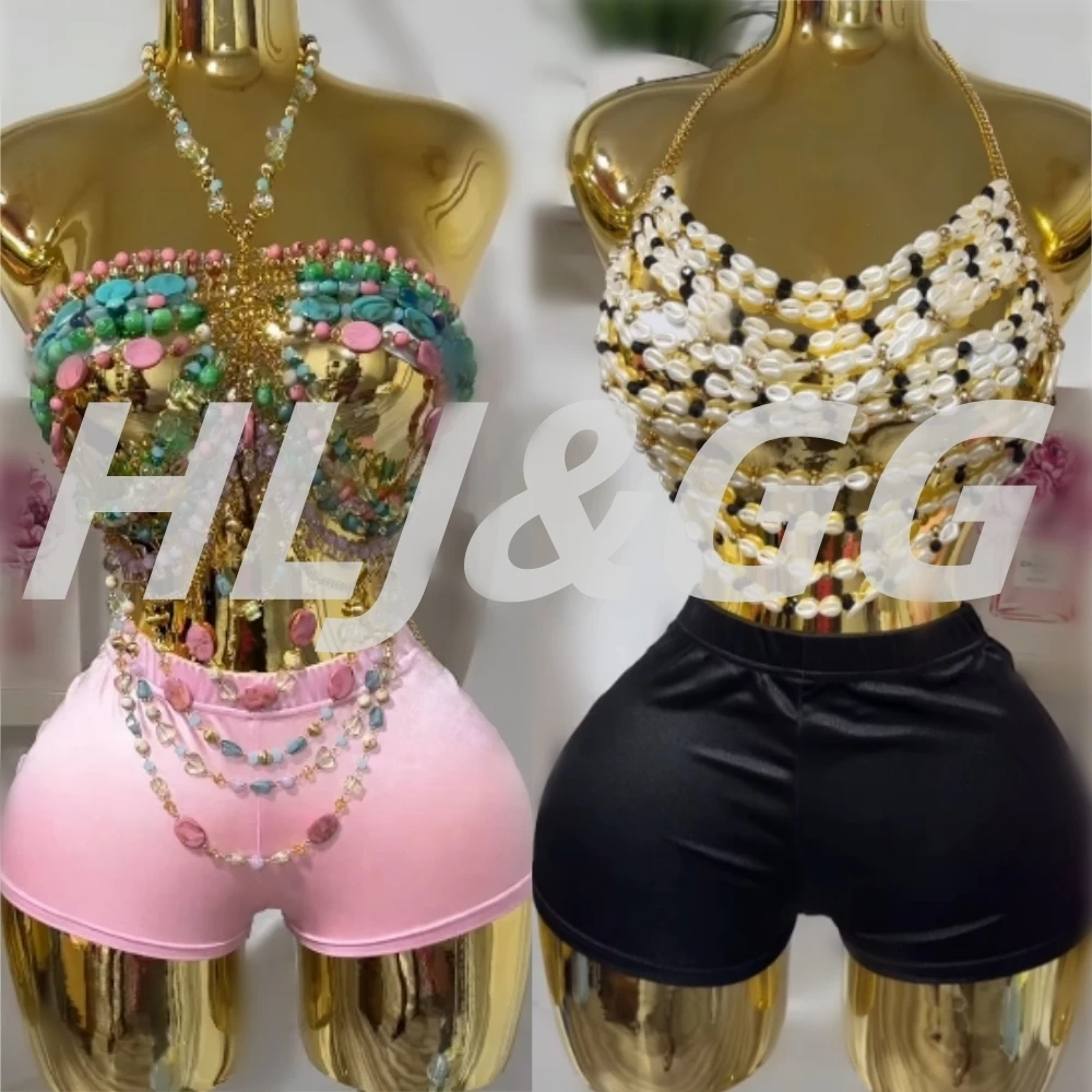 

HLJ Y2K сексуальный жилет с бисером, ажурный комплект из двух предметов, женский топ без рукавов и шорты с открытой спиной, клубная уличная одежда
