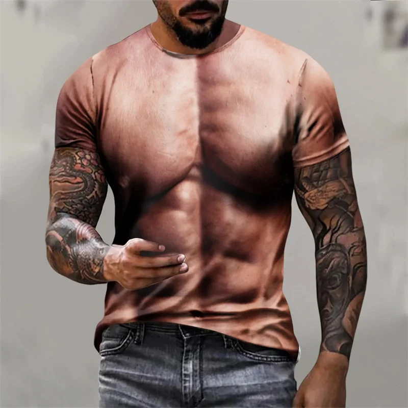 Harajuku 3D Sexy Muscle Printing T Shirt Fake Muscles Graphic T-shirts Kid Funny Streetwear Short Sleeves Cool Mens Clothing Top