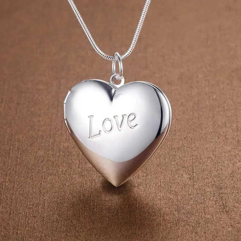 Hot romantic 925 Sterling Silver LOVE Heart photo frame Pendant Necklace for woman Fashion brands Jewelry Wedding party Gifts