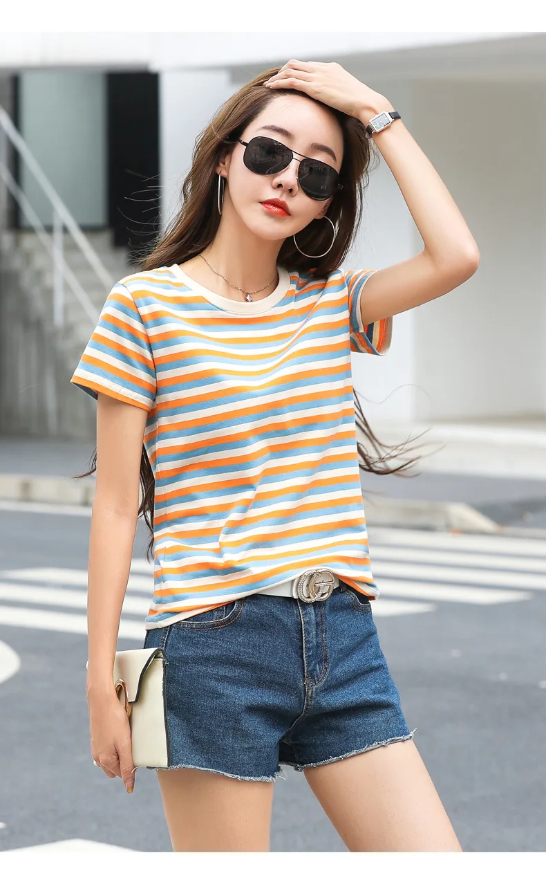 Damen Sommer T-Shirt mit Streifenmuster, kurze Ärmel, neu, schlankmachend, lockere Passform, halblange Ärmel, lässiges Basic-Oberteil – Detail 13