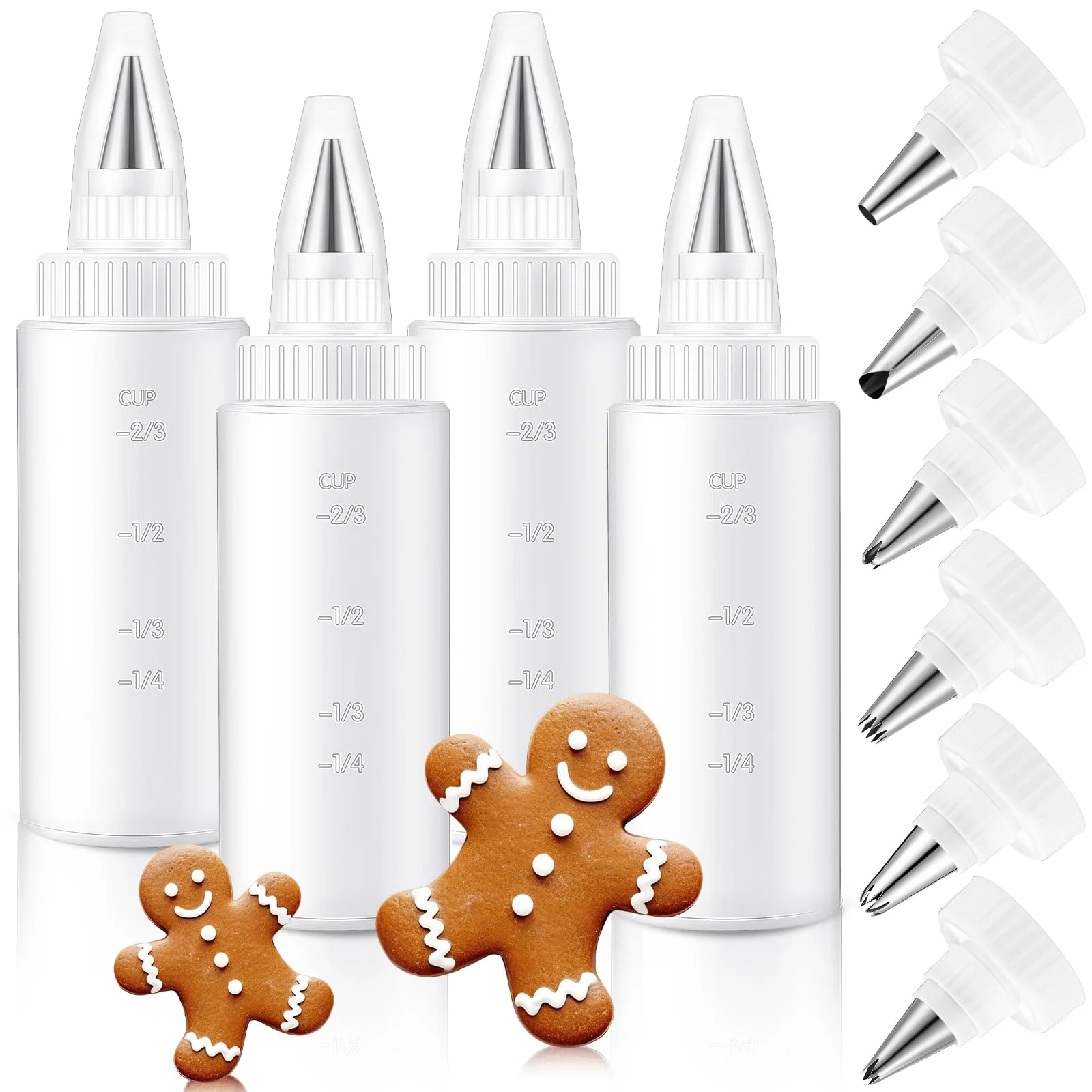 4 Pcs Plastic Squeeze Bottles with 6 Different Piping Tips for Cookie Icing Piping Kit Pancake Decorating Supplies Squeezing