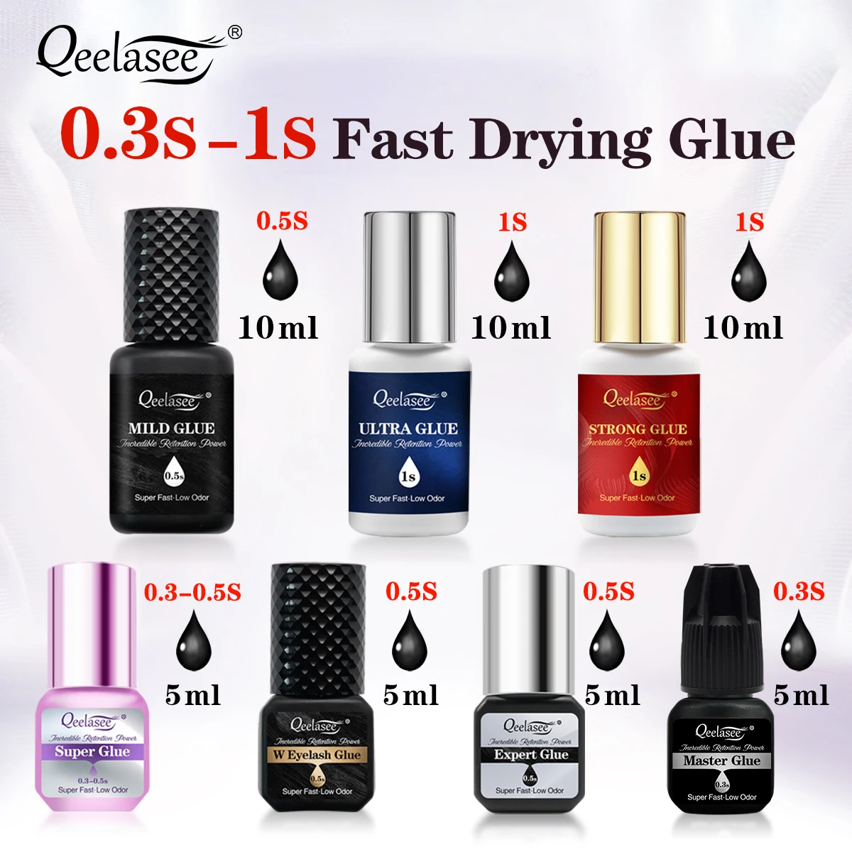 

Qeelasee 10ml Eyelash Glue 0.3s-1s Fast Drying Professional Hypoallergenic Lash Glue Waterproof Long Lasting Lash Extension Tool